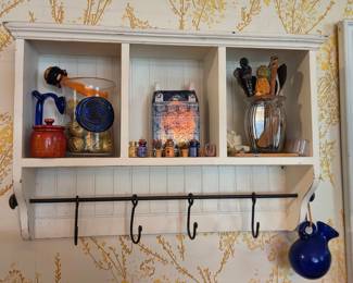Distressed White Three-Compartment Wall Shelf with Hooks