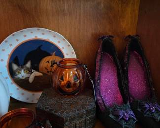 Halloween Decorative Collection: Plate, Votive Holders, and Novelty Shoes