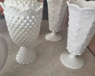 Fenton Hobnail Compote and Indiana Glass Grape Vases