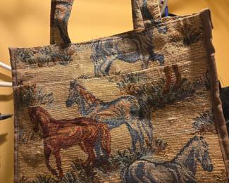 Vintage Jade Horse Motif Woven Tapestry Tote Bag