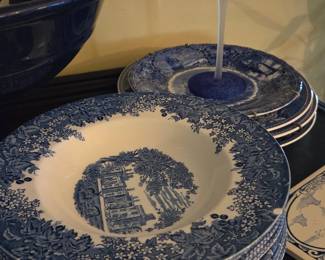 Wedgwood 'Romantic England' Blue Transferware Rim Soup Bowls