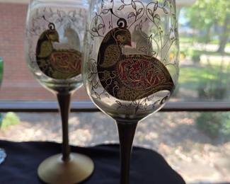 Vintage Hand-Painted Quail Motif Wine Glasses