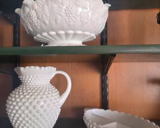 Fenton Milk Glass Collection: Grape Pattern Bowl and Hobnail Pitcher and Divided Dish