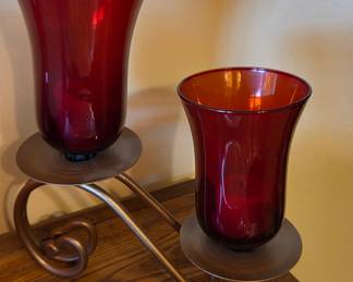 Double Hurricane Candle Holder with Red Glass Inserts