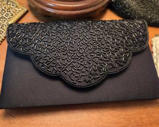 Vintage Black Satin Beaded Evening Clutch