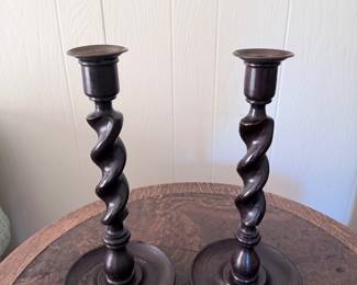 Pair of English Oak Open Barley Twist Candlesticks 