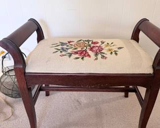 Wood Vanity Bench with Needlepoint Seat 