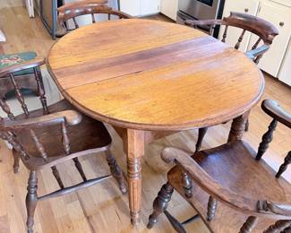 Antique Oak Round Table with 4 Windsor Captains Chairs