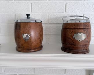 Victorian English Oak and Silver Plated Biscuit Barrels 