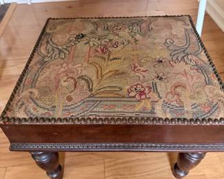 VTG Footstool with Needlepoint Upholstery Top
