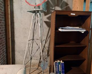 garden windmill, rooster weather vane, mid-century modern bookshelf