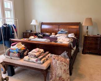 sleigh bed, men's clothing, bedding, sheets, upholstered bench, master bedroom, side tables, serpentine, traditional, classic, hardwood