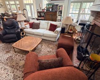 La-z-boy recliner, chair & ottoman, sofa, MCM, mid-century modern coffee & side tables, fireplace tools & screen
