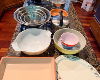 Pyrex, cast iron skillet, all clad, Lenox Poppies on Blue, mixing bowls, pressure cooker