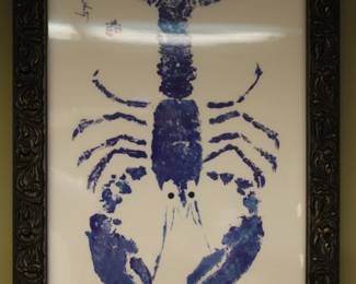 An original lobster oil on canvas in a custom frame.