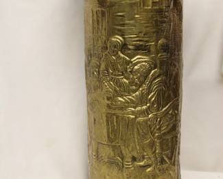 An early 20th-century Dutch brass repousse' umbrella stand depicting a tavern scene. Circa 1900.