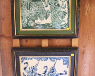 Mid-Century framed Thai Temple rubbings on rice paper.