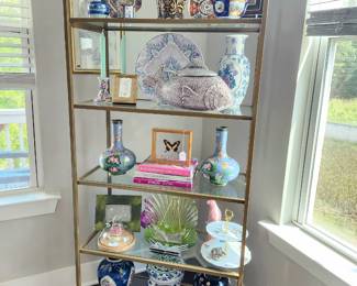 Majolica, imari, orchids, miniatures for trinket shelves, butterfly specimen art, vases, brass frames, melon jars, handpainted ceramic candle holder 