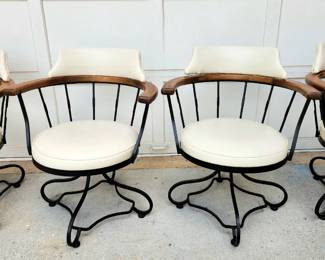 Richard McCarthy MCM Black Cast Iron, Wood, White Vinyl Swivel Dining Arm Chairs