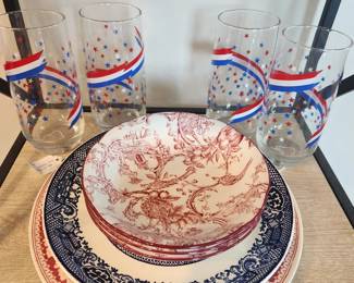 Red white and blue transferware (ex spode, blue willow)  vintage usa flag and stars glasses