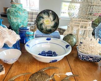 Beautiful coastal decor, blues and greens and brass, vintage coral 🪸  natural specimens, vintage Tunisian birdcage and multiple 1950s St Clements moody blue green oyster plates in pristine condition