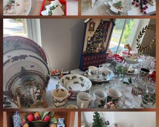A whole room of vintage Christmas! Ornaments, stocking Holders, tray and plates and dishes and decorations. Advent calendars, plate wall plates, wicker and Rattan porch decoration, card wreath, lots of libbey glasses, viral blue tartan plaid ribbon #iykyk, planters, candlesticks, Santa and trees