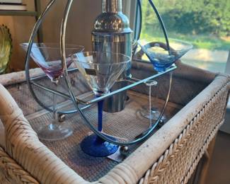 MCM Martini drink caddy and shaker, Waterford crystal coupe glasses, wicker bar cart