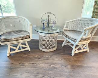 2 Vtg cane back rattan bamboo chippendale swivel barrel chairs fretwork old florida grandmillenial