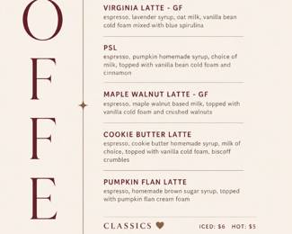 Pop Up Coffee Cart Menu! With signature latte