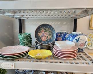 Pink and green cabbage plates and chintz melon jars 