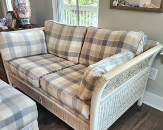 Vintage Henry Link white woven loveseat couch and matching ottoman coffee table on brass caster wheels