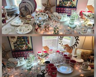 Vintage Christmas and holiday decor - Fitz and floyd, brass stocking hangers, stained glass