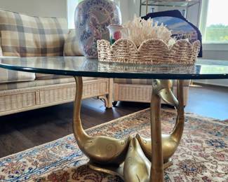 Show stopper MCM brass triple swan glass top coffee table, Hollywood Regency Rosenthal Netter style, beautiful patina, on vtg Karastan Tabriz rug