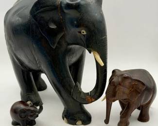 (3) Wooden Elephant Figurines