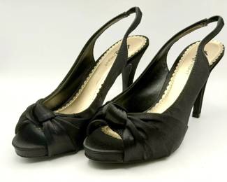 Women’s 6.5 Fioni Night brand black satin peep-toe slingback platform sandals