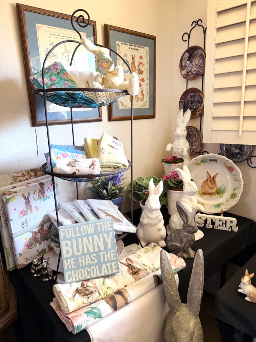 Rabbits rabbits everywhere! Dishware, glassware, mugs, egg plates + cups, napkin rings vases, dishtowels, table runners, placemats, curtains…