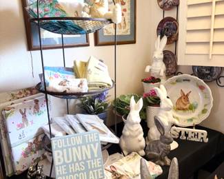 Rabbits rabbits everywhere! Dishware, glassware, mugs, egg plates + cups, napkin rings vases, dishtowels, table runners, placemats, curtains…