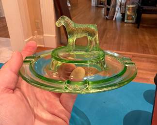 Green uranium glass ashtray with Scottish dog