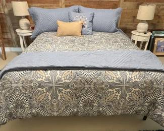 King size comforter, bedspread with shams, pillows, sheets and mattress cover. Bed frame and mattress set offered separately.