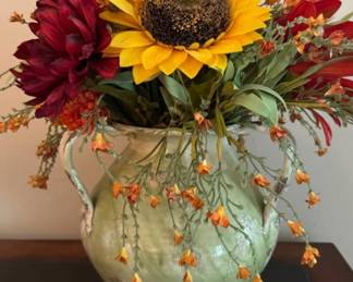 Tall ceramic three-handled vase with faux florals, one of two available