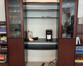 Bar and beverage cabinet with glass shelving
