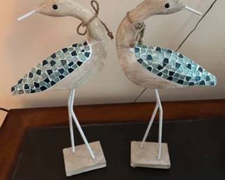 Pair of mosaic and wooden birds