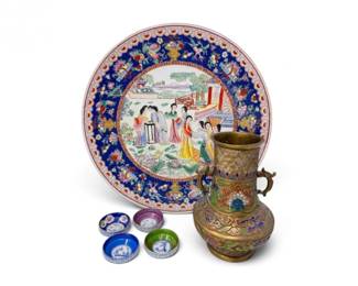 81 760LargeHandPaintedAsianPlatewVintageBrassEnamelVase