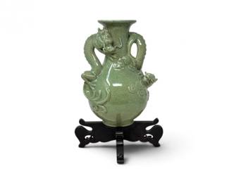 64 YiLinArtsCeladonPorcelainDoubleHandleDragonVasewWoodStand