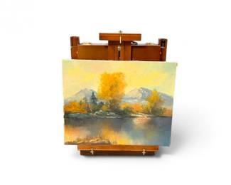 225 WoodenFoldingArtistEaselOriginalMountainLandscapeOilPainting