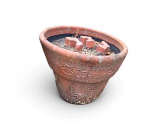 113 LargeEmbossedTerracottaClayGardenPlanterwFootings
