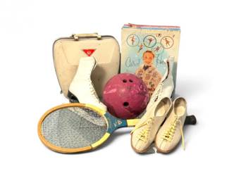 273 VintageSportingGoodsCarolHeissSkatesSpaldingRacketBowling