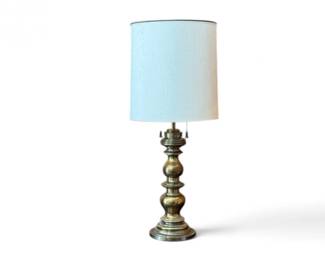 218 PairVintageSolidBrassTableLampwLinenShade