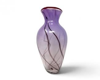 71 HandBlownPurpleArtGlassVaseDarkSwirlingLineDesign