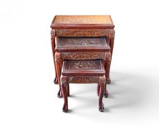 128 Setof3ChineseCarvedWoodNestingTablesFiguralGlassTops